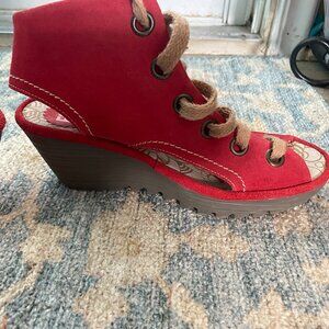 Fly London Shoes Women' EU 38 US 7.5 Red Suede Sandals Yaba Lace Up Wedge